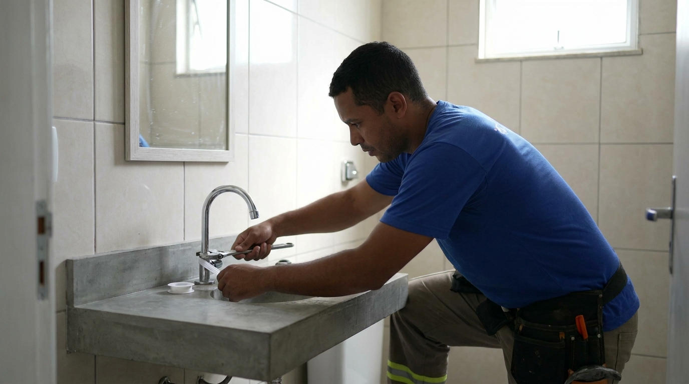 Encanador instalando torneira em Nova Iguaçu‑RJ