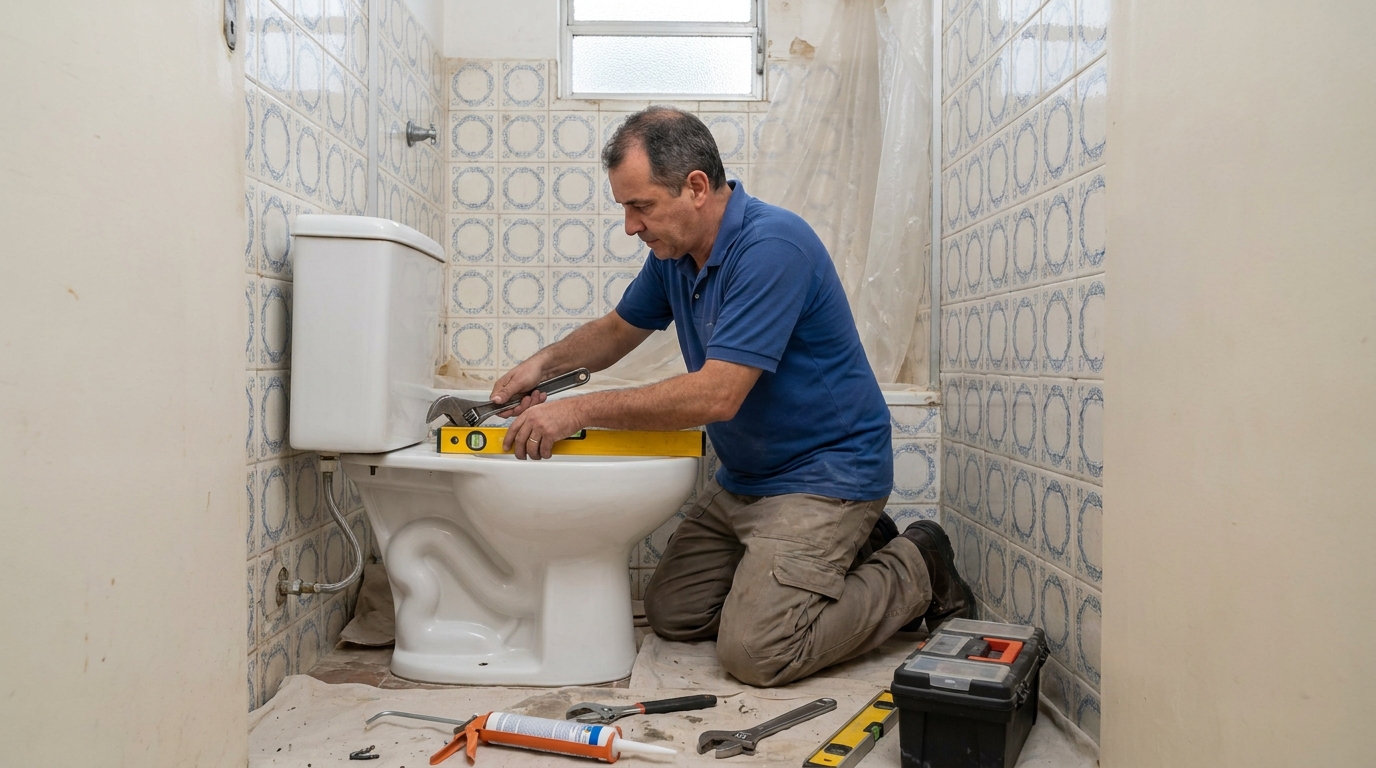Técnico instalando vaso sanitário em Nova Iguaçu‑RJ